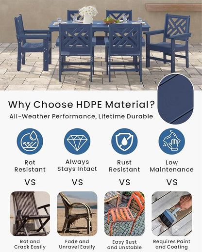 7-Piece Outdoor Dining Set, HDPE All-Weather Patio Table and Chairs Set for 6, Outdoor Patio Furniture Sets with Umbrella Hole for Outside, Deck, Backyard, Garden (Navy Blue)