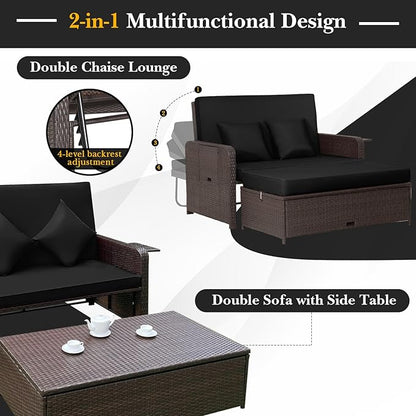 Daybed Sofa, Rattan 2-Piece Set with Adjustable Backrest, Black-Brown