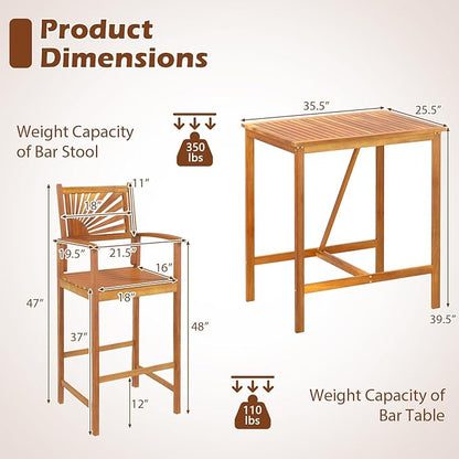Tangkula 3 Piece Patio Bar Table & Chairs, Outdoor Acacia Wood Bar Set w/Slatted Seat & Tabletop, Wood Dining Bar Set w/Backrest, Armrests & Footrest for Backyard, Poolside, Balcony