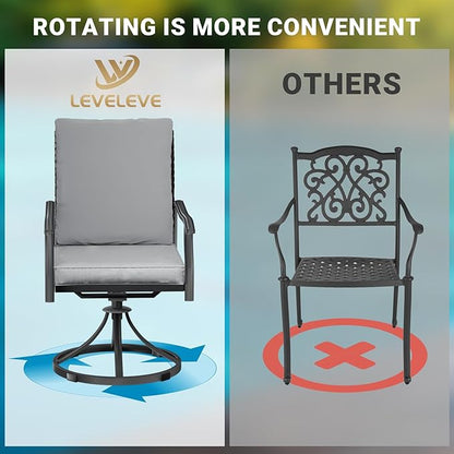 LEVELEVE 5 Piece Outdoor Patio Dining Set with 4 Swivel Dining Chairs & 1 Large Round Dining Table,Bistro Furniture Set for Lawn, Garden, Deck, Backyard and Porch