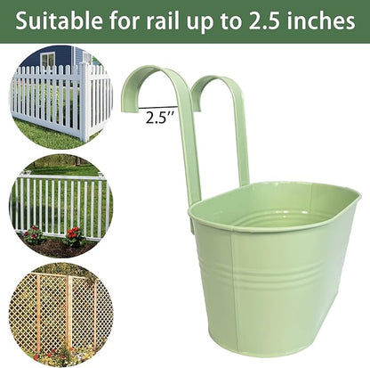 Balcony Hanging Planters Flower Pots, 10" Metal Flower Pots for Outdoor Balcony Rails, Fence Pot Hanging Plant Holders with Detachable Hooks for Garden Patio Yard Decor (Mint Green, 6Pcs)