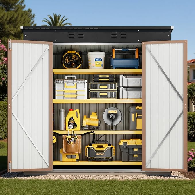 Metal Storage Shed, Brown Lockable Outdoor Tool Shed with Vents