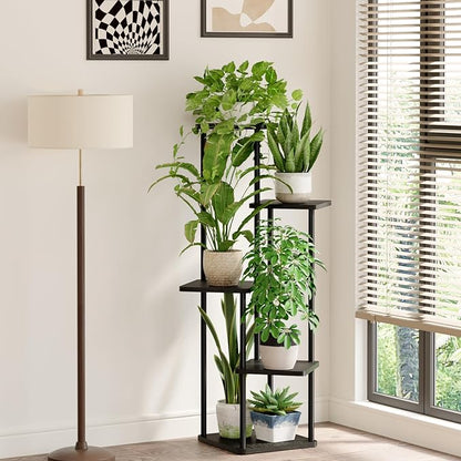 Bamworld Black Plant Stand Indoor 5 Tier Plant Shelf for Multiple Plants Corner Flower Stand Metal Wood Plant Table for Patio Garden Balcony Living Room Bedroom