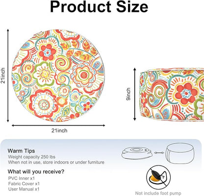 Inflatable Ottoman Stool D21 xH9 for Outdoor/Indoor Use, Water Repellent Patio Foot Rest Stool with Portable Handle,Round Pouf Ottoman Suitable for Garden,Deck and Camping - Flower Red