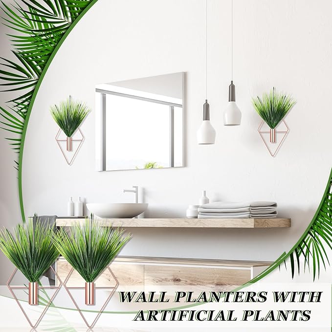 2 Pieces Wall Decor Hanging Planters with Artificial Plants Metal Hanging Vase Indoor Plants Holder Modern Boho Wall Art for Bathroom Bedroom Living Room Decor(Rose Gold,Aquatic Plant)