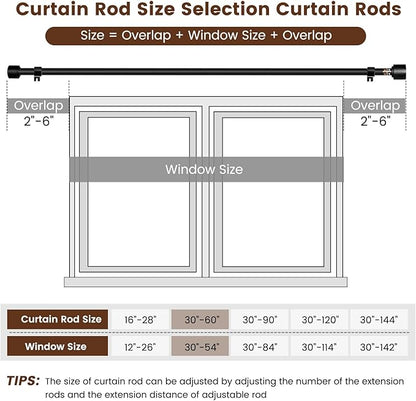 1' Diameter Matte Black Curtain Rod, 30-60 inch, Fits 30-54 Windows, Heavy Duty, Adjustable, Telescopic, Splicing Metal, Extra Long, for Windows & Sliding Glass Door