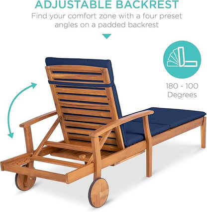 Best Choice Products 79x26in Acacia Wood Chaise Lounge Chair Recliner, Outdoor Furniture for Patio, Poolside w/Slide-Out Side Table, Foam-Padded Cushion, Adjustable Backrest, Wheels - Navy Blue