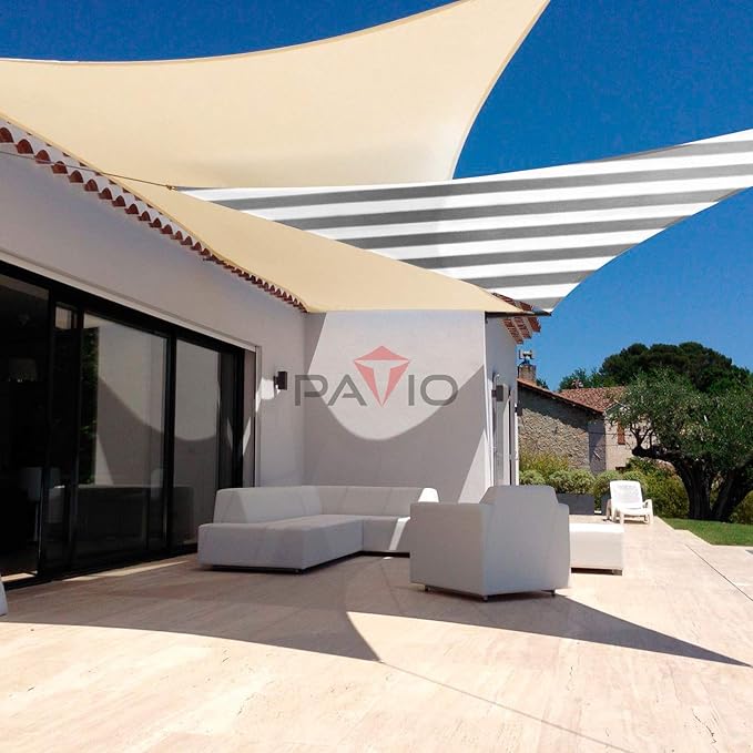 Patio Paradise 27' x 27' x 27' Sun Shade Sail Triangle Canopy Shade Cloth Fabric Sunlight Block Patio Pergola Cover HDPE Deck Awning for Outdoor Backyard Roof Shading, Gray White Strip