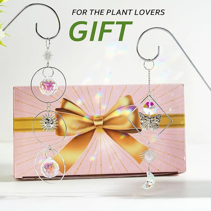 HDCRYSTALGIFTS 4 Pack Crystal Sun Catchers with 13.5'' Small Trellis for Potted Plants Indoor Plant Stake Suncatcher Decoration for Home Window Garden, Sliver
