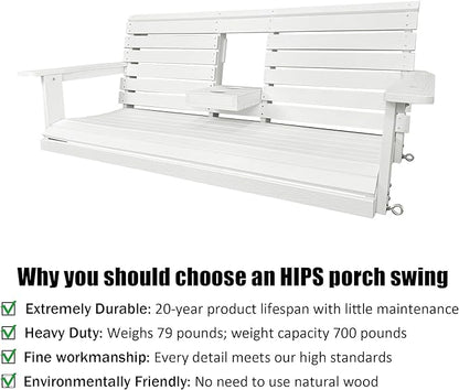 Poly Lumber 3-Seat Porch Swing, HIPS 5-Feet Bench Swing with Foldable Cup Holders,18/8 Stainless Steel Hardware, High Backrest and Deep Contoured Seat, Snow White