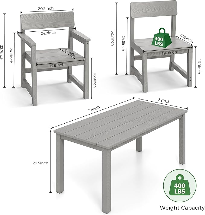 Patio Dining Sets 7 Piece HIPS Outdoor Dining Table Set with Umbrella Hole Table and 6 Chairs Furniture for Backyard Poolside Garden, Grey