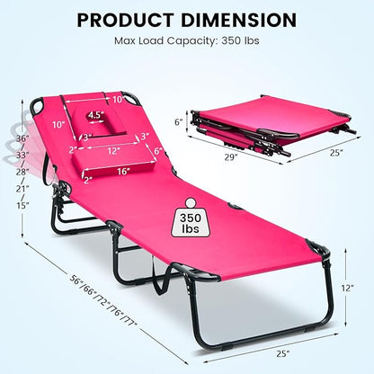 GYMAX Tanning Chair, 350lbs Beach Lounge Chair with Face Hole, Washable Pillow & Carry Strap, Adjustable Folding Chaise Lounge, Layout Chair for Outside, Patio, Poolside, Lawn (1, Pink)