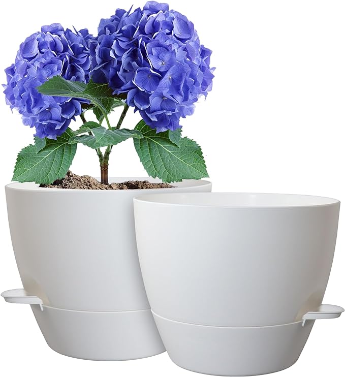 10 inch Self Watering Pots, 2 Pack Plastic Planters with Mesh Drainage Holes for Garden Plants and Flower, Plants Pots with Deep Reservoir for Indoor Outdoor Plants, White