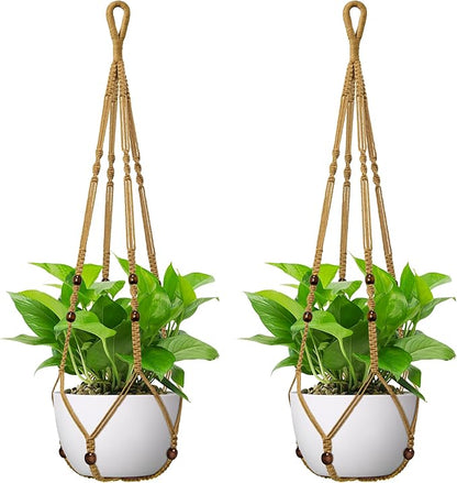USLAI Macrame Plant Hanger Indoor Outdoor, Fits 4 to 15 Inch Pots, Strong Hanging Planter Holder, Boho Home Decor, 35 Inch, Brown, Set of 2 (POTS NOT Included)