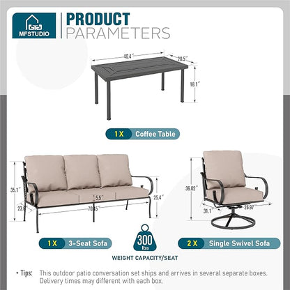 MFSTUDIO 5 Seats Large Metal Patio Conversation Sets, 4 Pieces Outdoor Furniture Sofa with 2 Swivel Chairs, 1 Sofa(3-seat) and Table for Outside Balcony Backyard Poolside