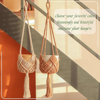 Hanging Planter with Patterns,2Packs Macrame Plant Hangers Indoor Macrame for up to 8 inch Pot Crochet Boho Plant Hanger Holder for Indoor Outdoor with 2S Shaped Stainless Steel Hooks (White)