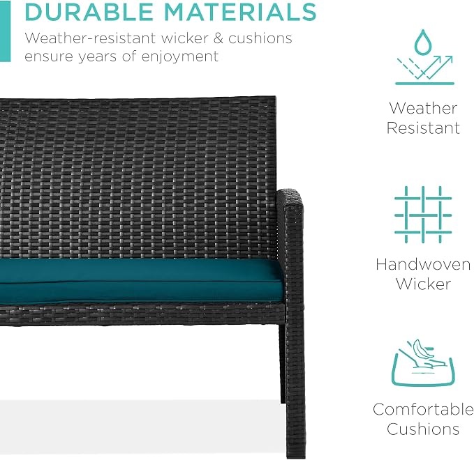 Conversation Set 4-Piece Wicker Patio Set with Coffee Table, Black/Peacock