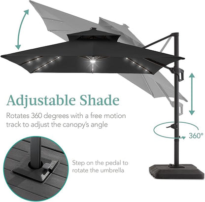 Best Choice Products 10x10ft Cantilever Patio Umbrella w/Base Included, Solar LED Lights 360 Rotation Large Offset Hanging Outdoor Shade for Deck Pool Backyard w/Stand – Gray