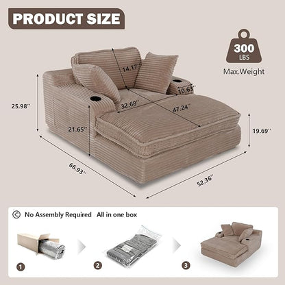 67" Oversized Chaise Lounge Chair Indoor, Soft Boneless Cloud Couch with 3 Pillows, 4 Side Pockets and 2 Cup Holders, Comfy Corduroy Sleeper Couch for Living Room Bedroom