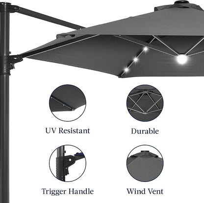 Best Choice Products 10ft Solar LED Offset Cantilever Hanging Market Patio Umbrella, Smooth 360° Rotation, 8 Sturdy Ribs, Easy Adjustment - Gray