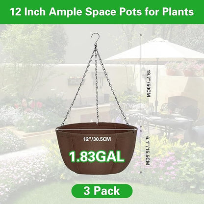 Hanging Baskets for Plants Outdoor, 12 Inch 3 Pack Hanging Planters for Outdoor Plants, Breathable Water-Draining, Hanging Pots for Plants Indoor with Chain Hanging Pot for Garden Porch Patio Balcony