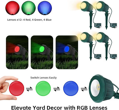 Spotlight Outdoor – 120V Plug-in, 2700K Warm White LED Landscape Spot Lights with RGB 3 Lenses for Yard, Garden, Lawn&Tree Decor, IP67 Waterproof, Perfect for Holidays&Everyday (4 Pack, Green)