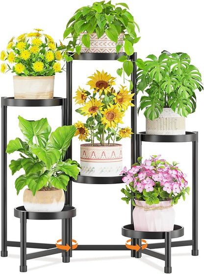 LASZOLA 6 Tiered Folding Tall Plant Stand Indoor for Multiple Large Planter, Heavy Duty Metal Adjustable Flower Rack for Narrow Corner, Sturdy Vertical Spiral Shelving Holder for Modern House, Black