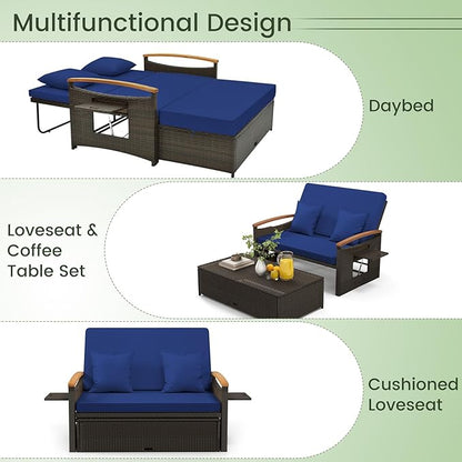 Tangkula Patio Rattan Daybed with 4-Level Adjustable Backrest, Outdoor Wicker Loveseat with Acacia Wood Armrest, Storage Ottoman & Folding Tray, Double Sunbed for Balcony, Backyard & Poolside (Navy)