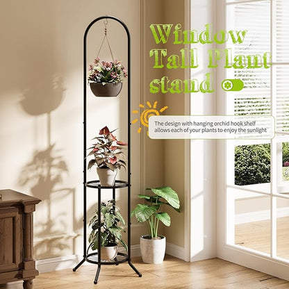BMOSU Plant Stand with Hooks Indoor Outdoor Corner Tall Plant Stand Heavy-Duty Metal 3-Tier Plant Shelf Holder Rack for Patio Garden Balcony Living Room Bedroom(circular Black)