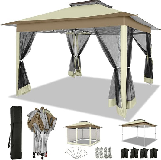 COBIZI 12x12 Pop up Gazebo on Clearance with Mosquito Netting & Sandbags, Outdoor Canopy Tent with 4 Ropes 8 Stakes & Portable Carrying Bag, Patio Portable Gazebo for Garden Backyard & Lawn, Beige