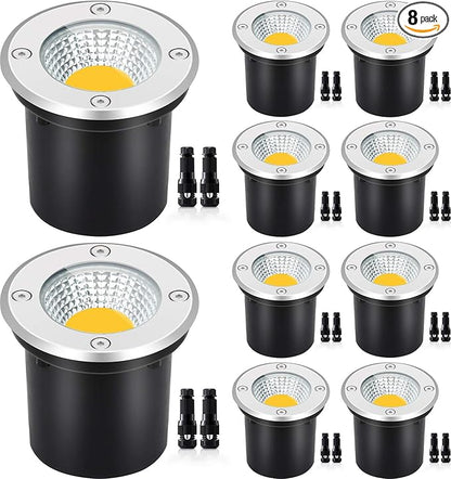SUNVIE Low Voltage Landscape Well Lights with Wire Connectors, 12W LED, IP67 Waterproof Outdoor In-Ground Garden Lights 12V-24V Warm White for Pathway Driveway Deck (10 Pack & Connectors)