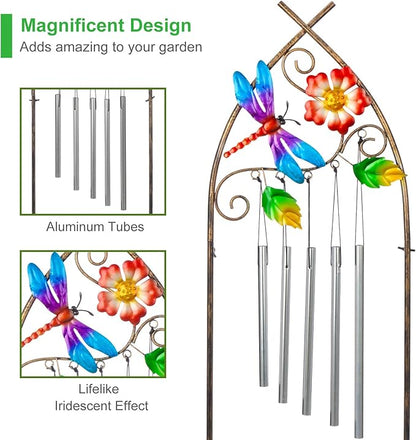 Plant Stands with Garden Trellis, 48” Metal Standing Wind Chimes Plant Pot Trellis with Dragonfly for Garden Patio Backyard Climbing Plants Outdoor Decor