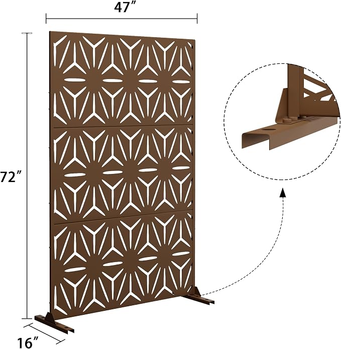 Decorative Fence Panel, Brown Metal Privacy Screen, 47 x 72 Inch