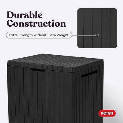 Keter City 30 Gallon Resin Outdoor Storage Box & Patio Side Table for Balcony, Pool, Deck & Garden Accessories, Weather‑Resistant, Dark Grey