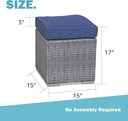Patiorama 2 Pieces Assembled Outdoor Patio Ottoman, Indoor Outdoor All-Weather Grey Wicker Rattan Outdoor Footstool Footrest Seat w/Navy Blue Cushions,Outdoor Ottoman for Patio,No Assembly Required