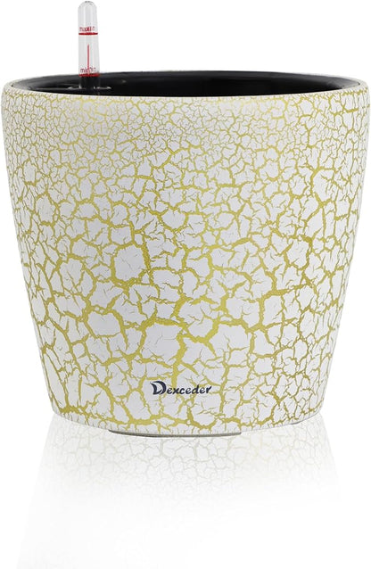 Dexceder 11x10 Inches Self Watering Planter Indoor Outdoor, Inner Pot Design, Thickened Table Flower Plant Pot with Water Level Indicator (White Gold Crackle)