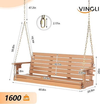 VINGLI Heavy Duty 1600 LBS HDPE Porch Swing Outdoor with Rotatable Cup Holder, 5 FT Patio Bench Swing with Adjustable Chains, 3 Person Hanging Porch Swing Chair for Porch, Yard, Tree, Garden - Teak