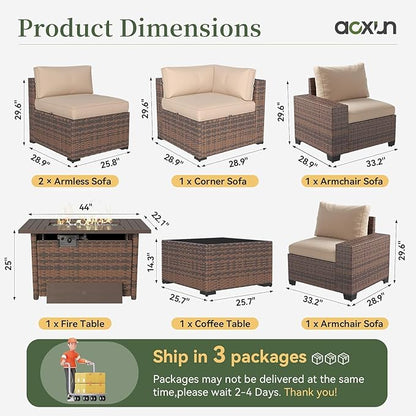 Aoxun 7 Piece Patio Furniture Set with Wide Armrests & 44” Fire Pit Table Wicker Rattan Outdoor Sectional Sofa Set with Coffee Table and Thick Cushion, Khaki (Waterproof Cover Included)