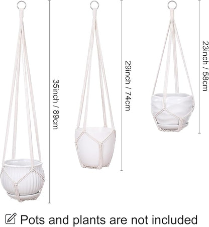 YIBOT 3 Pack Macrame Plant Hanger Indoor Hanging Planter for Plants Holder with 3 Hooks, 35"/29"/23" Size No Tassels for Boho Home Decor, Ivory (POTS NOT Included)