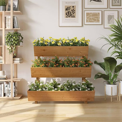 3-Tiers Wooden Raised Garden Bed Tiered Planter Box Flower Pots Vertical Garden Planter Wood Plant Stand for Vegetables Flowers Herbs for Patio, Balcony, Freestanding (Brown L)