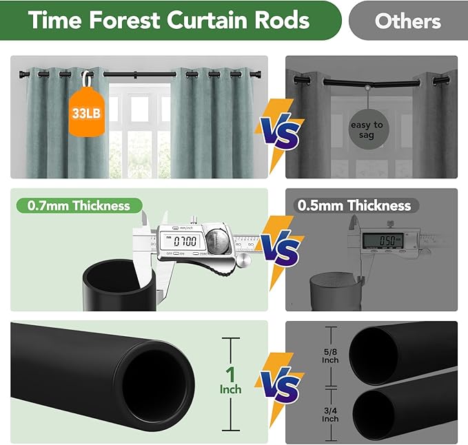 Time Forest Curtain Rods for Windows 32 to 240, 1 Inch Adjustable Black Heavy Duty Long Window Outdoor Curtain Rod for Patio, Modern Drapery Rods with Simple End Caps, Size 32"-240"