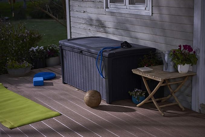 Outdoor Storage Bench, Gray Resin Deck Box with Soft-Close Lid