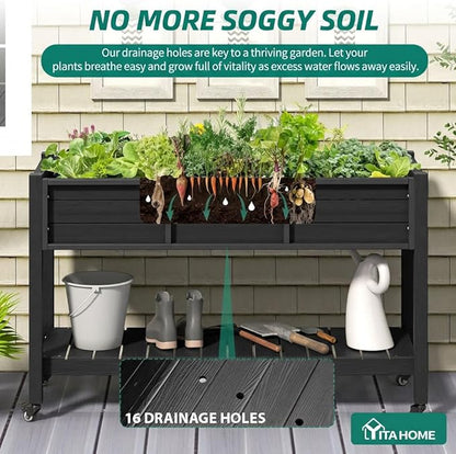 YITAHOME Raised Garden Bed HDPE, 47x18x31In Raised Flower Bed Poly-Wood Weather-Resistant Elevated Planter Box with Lockable Wheels & Storage Shelf for Vegetable Flower, Black