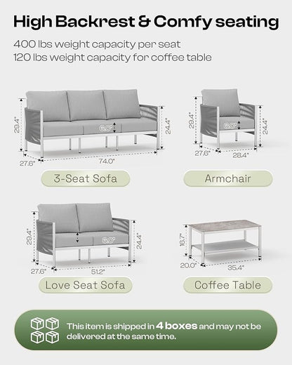 Aluminum Outdoor Patio Furniture Set with Dual-Layer Coffee Table, 5 Piece Modern Patio Conversation Sets with PE Rope, Outdoor Sectional Sofa with Thick Cushions for Balcony, Deck, Silver