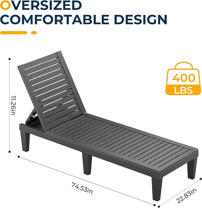 Black Resin Patio Recliner Set of 2, 5-Position Adjustable Backrest