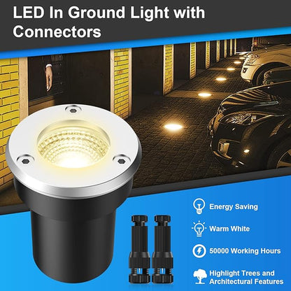 LED Landscape Lights, 12 Pack 7W Ground Lights With 24 Connectors, Low Voltage In-Ground Well Pathway Lighting, Warm White, Waterproof for Driveway, Deck, Step, Garden