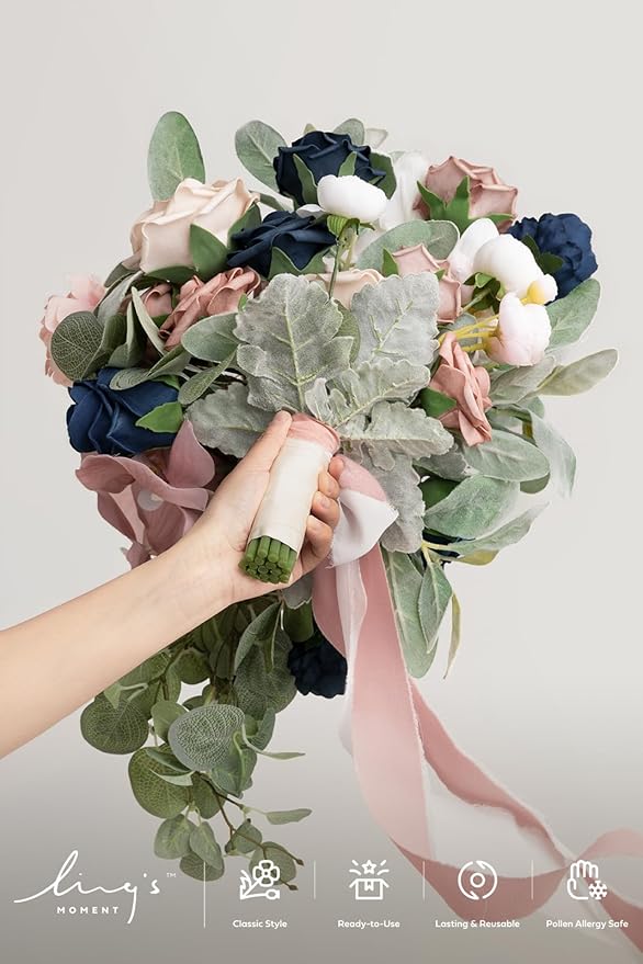 Artificial Bridal Bouquet in Dusty Rose and Navy, Cascading Silk Flowers with Pearls
