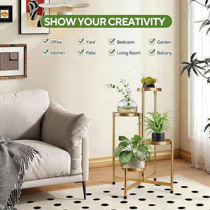 4 Tier 31 Inch Plant Stand Indoor Outdoor, Metal Plant Shelf Waterproof, Plant Holder with Folding Design For Home, Living Room, New Upgrate Gold