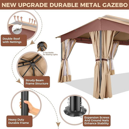 COBIZI Gazebo 12x20 Heavy Duty Gazebos with Curtain and Netting Outdoor Gazebo Canopy Double Roof Patio Gazebos with Metal Steel Frame for Patio, Deck, Backyard-Khaki