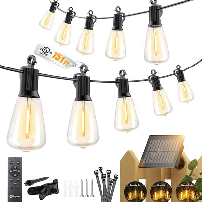 Brightown 151FT Solar String Lights Outdoor Waterproof, Patio Lights with Remote and 48+2 LED Shatterproof Bulbs, Dimmable & Timable, 3 Light Modes, Solar Lights Outdoor for Yard Camping Party Outside